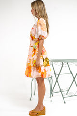Pippa Mini Dress - V-Neck Wrap Dress with Short Balloon Sleeves in Gazania Print