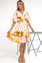 Pippa Mini Dress - V-Neck Wrap Dress with Short Balloon Sleeves in Gazania Print