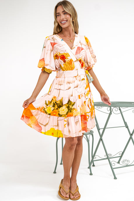 Pippa Mini Dress - V-Neck Wrap Dress with Short Balloon Sleeves in Gazania Print