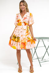 Pippa Mini Dress - V-Neck Wrap Dress with Short Balloon Sleeves in Gazania Print