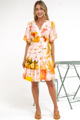 Pippa Mini Dress - V-Neck Wrap Dress with Short Balloon Sleeves in Gazania Print