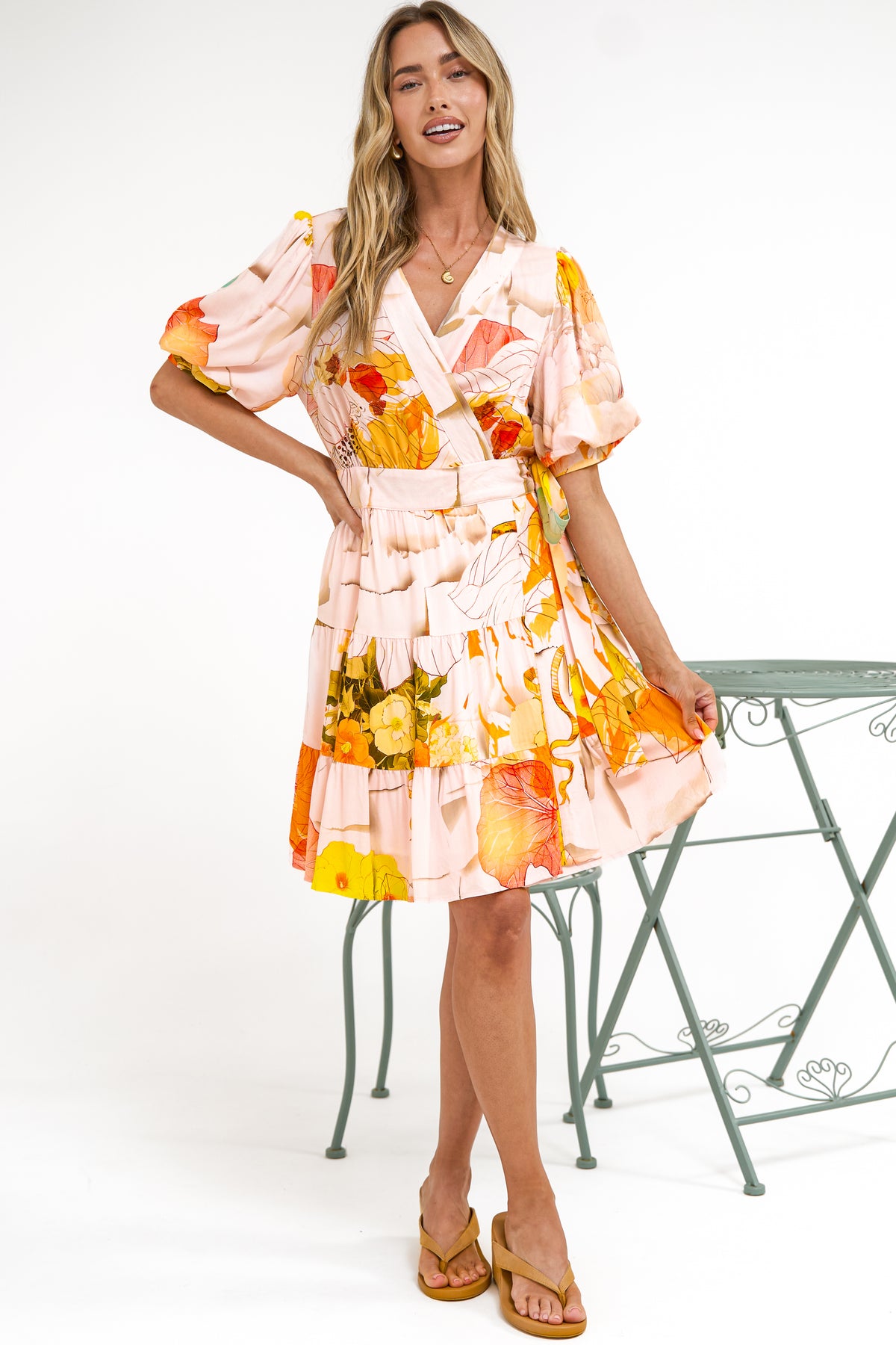 Pippa Mini Dress - V-Neck Wrap Dress with Short Balloon Sleeves in Gazania Print