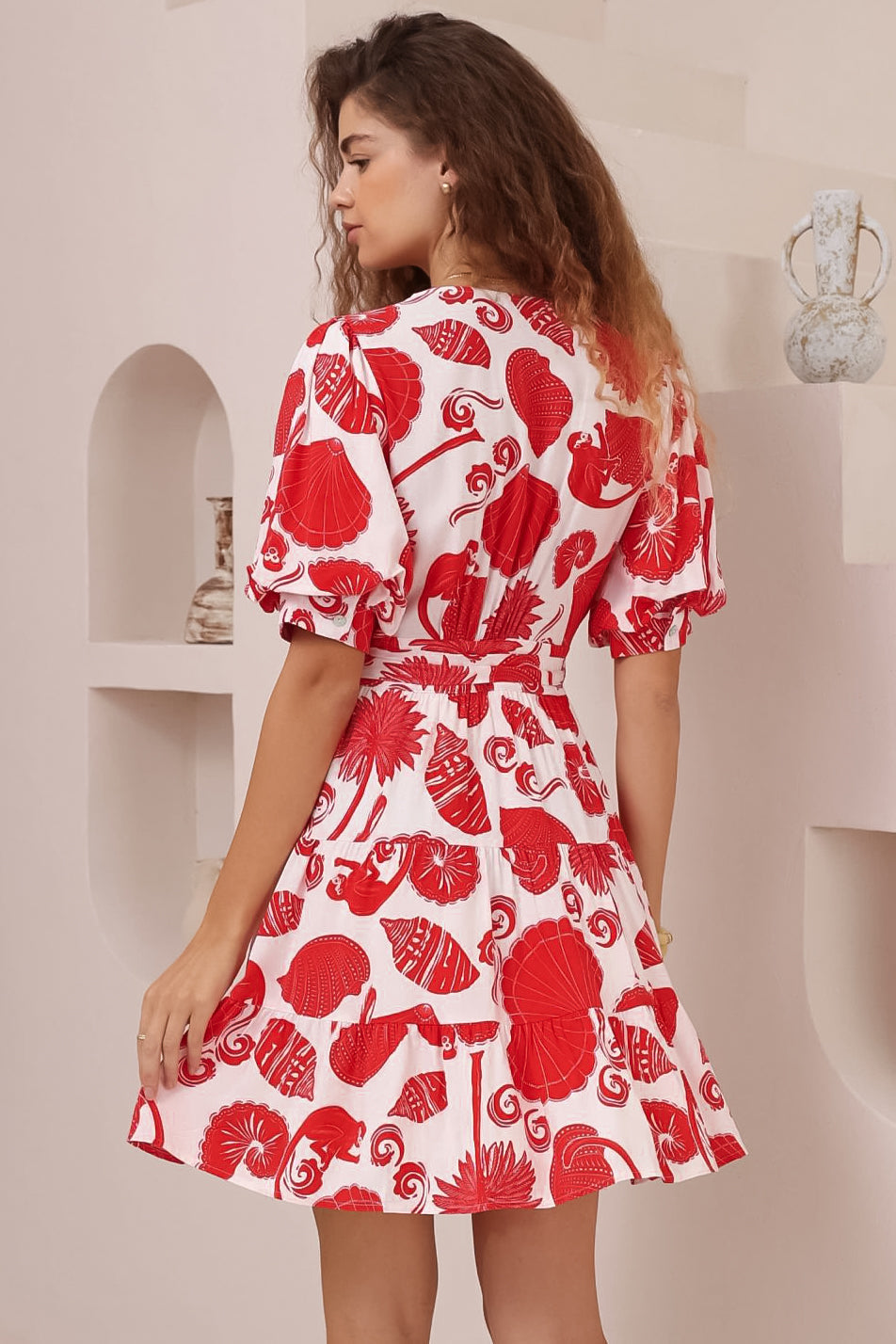 Pippa Mini Dress - V-Neck Wrap Dress with Short Balloon Sleeves in Alexa Print