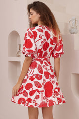 Pippa Mini Dress - V-Neck Wrap Dress with Short Balloon Sleeves in Alexa Print