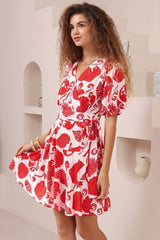 Pippa Mini Dress - V-Neck Wrap Dress with Short Balloon Sleeves in Alexa Print