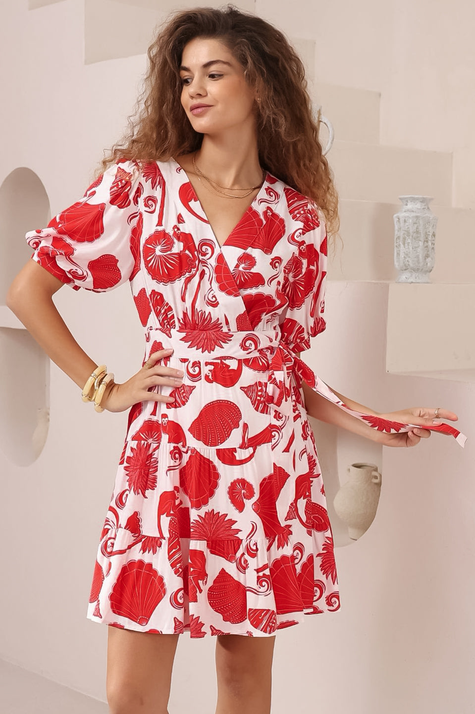 Pippa Mini Dress - V-Neck Wrap Dress with Short Balloon Sleeves in Alexa Print