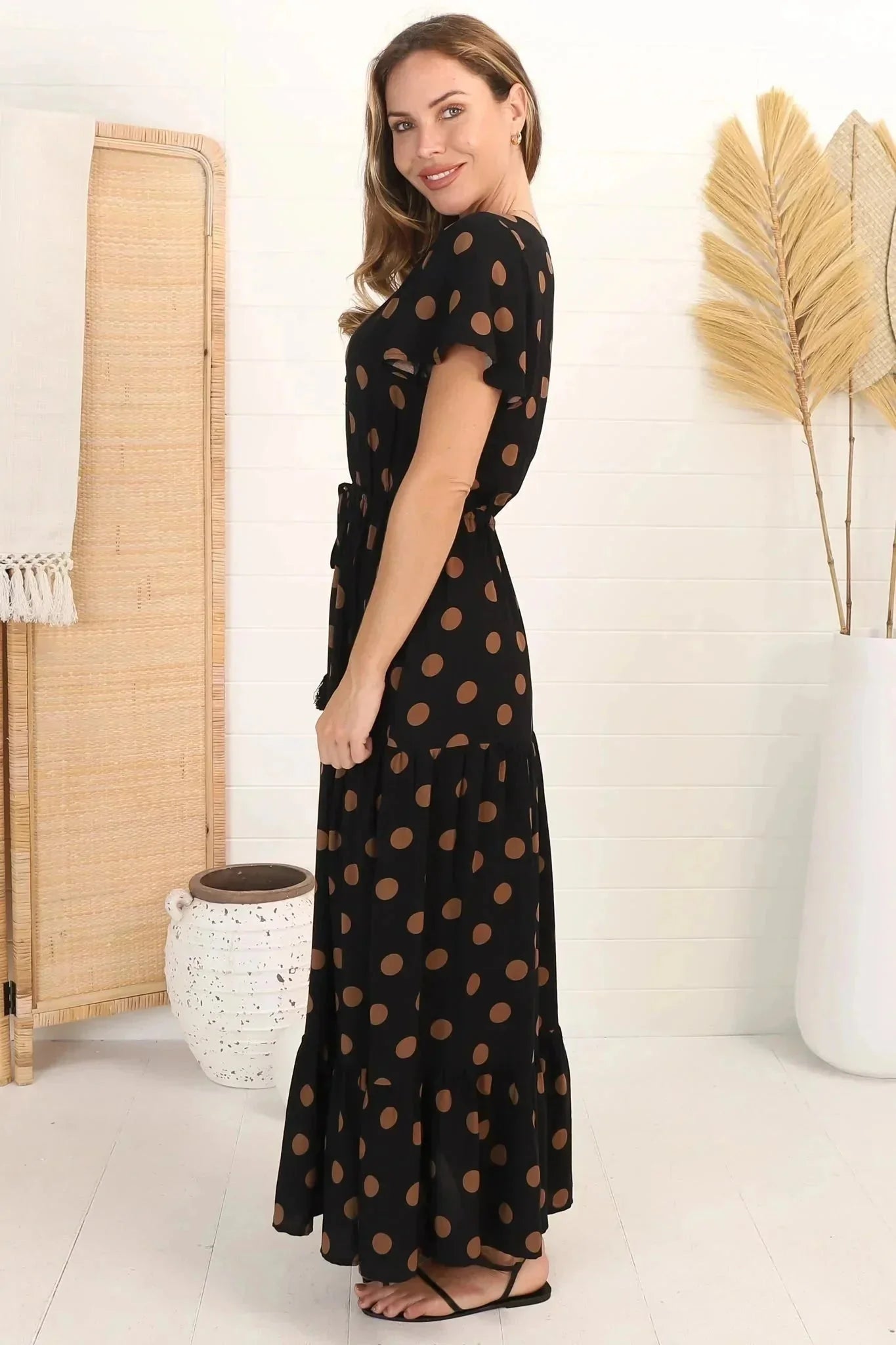 Pippy Maxi Dress - Cap Sleeve Tiered Maxi Dress with Pull Tie Waist in Mahony Print