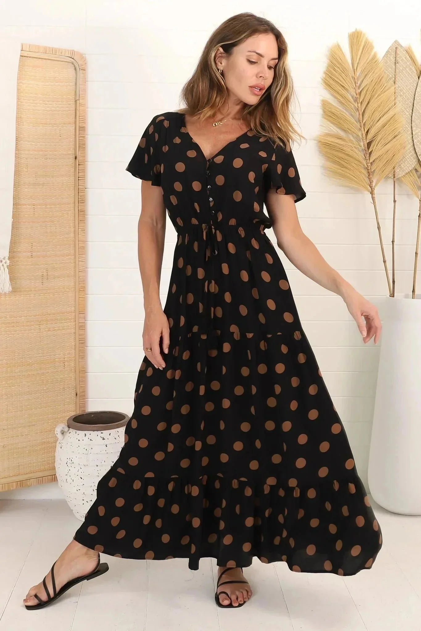 Pippy Maxi Dress - Cap Sleeve Tiered Maxi Dress with Pull Tie Waist in Mahony Print
