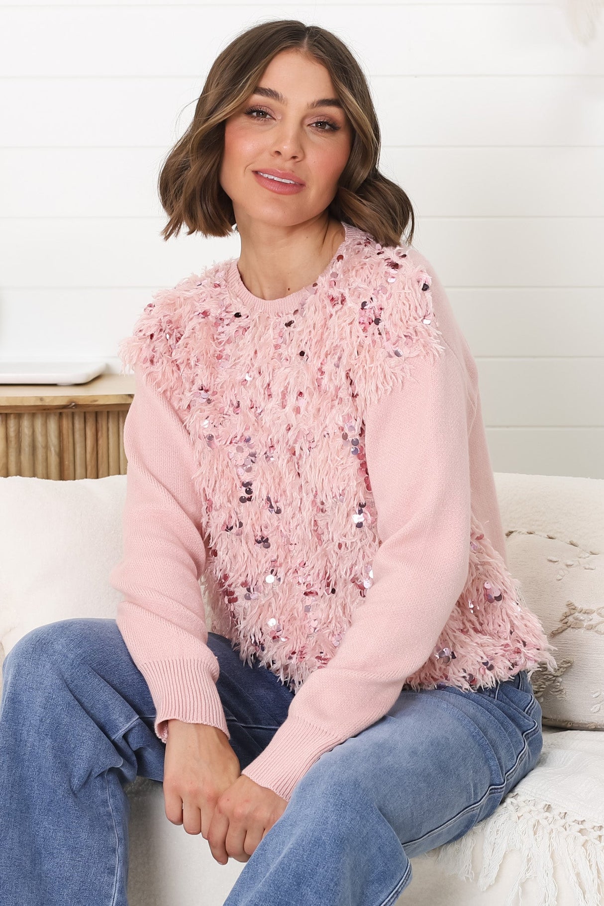 Pixie Jumper - Fluffy Sequin Decal Jumper in Pink