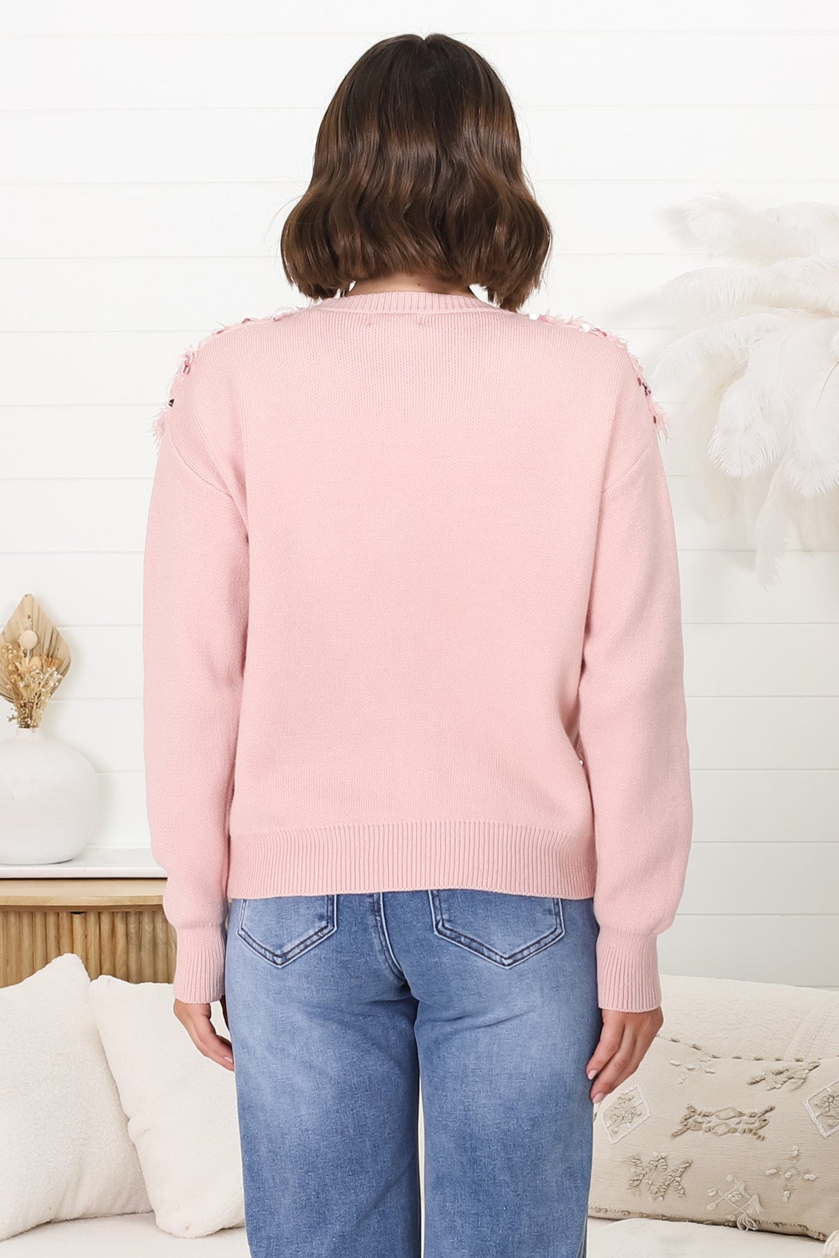 Pixie Jumper - Fluffy Sequin Decal Jumper in Pink