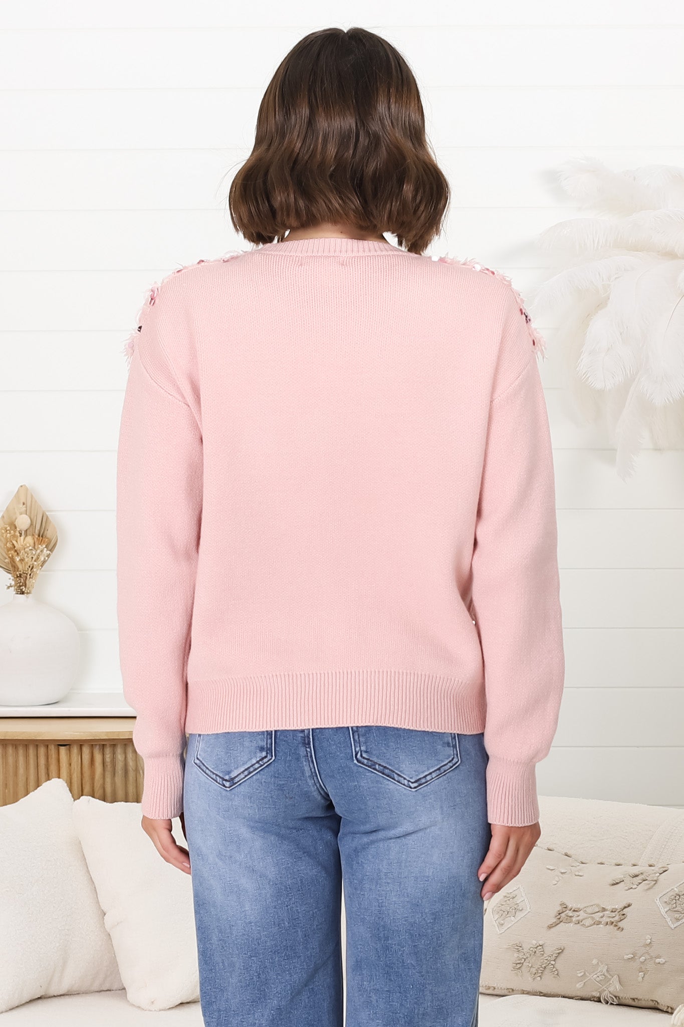 Pixie Jumper - Fluffy Sequin Decal Jumper in Pink