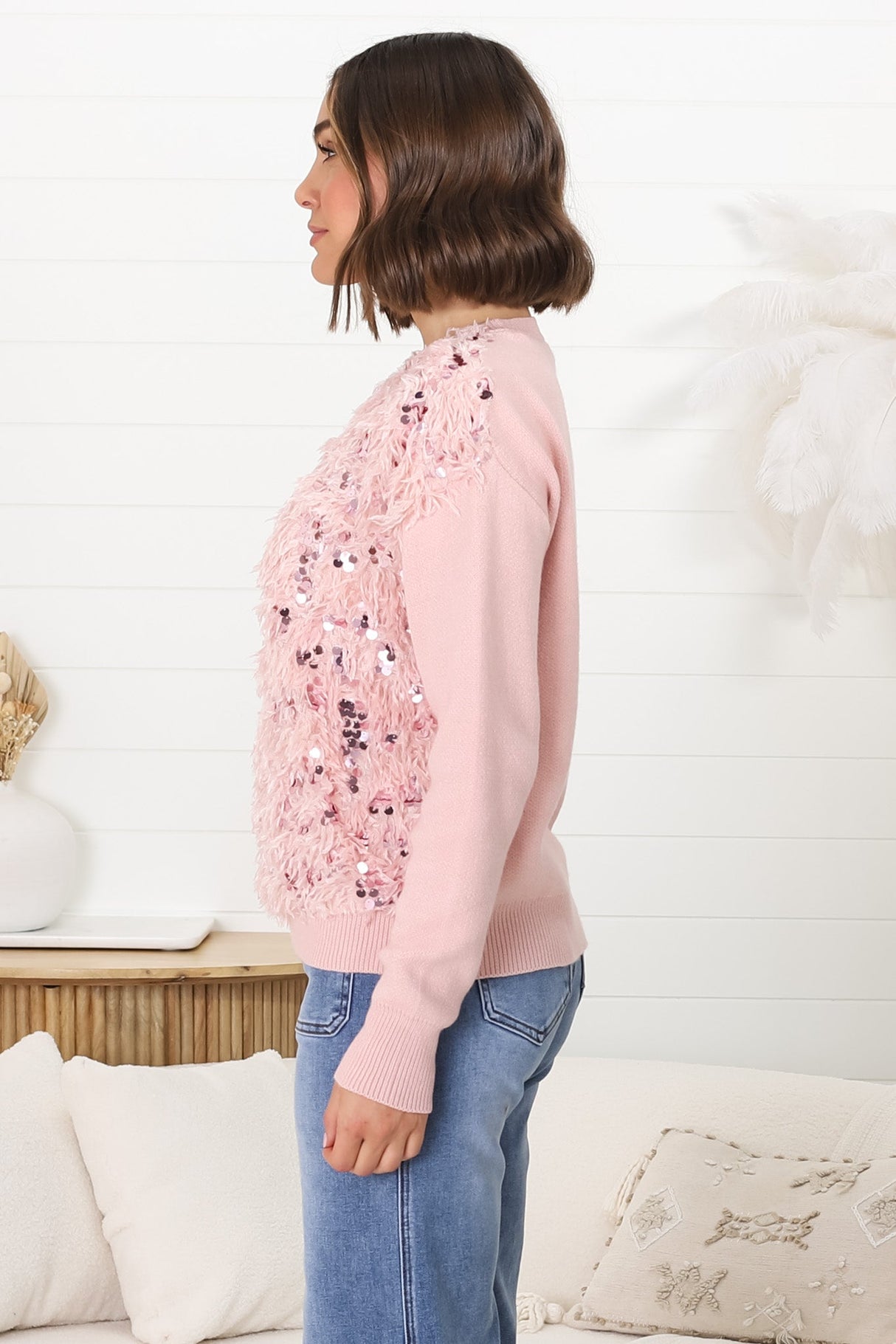 Pixie Jumper - Fluffy Sequin Decal Jumper in Pink