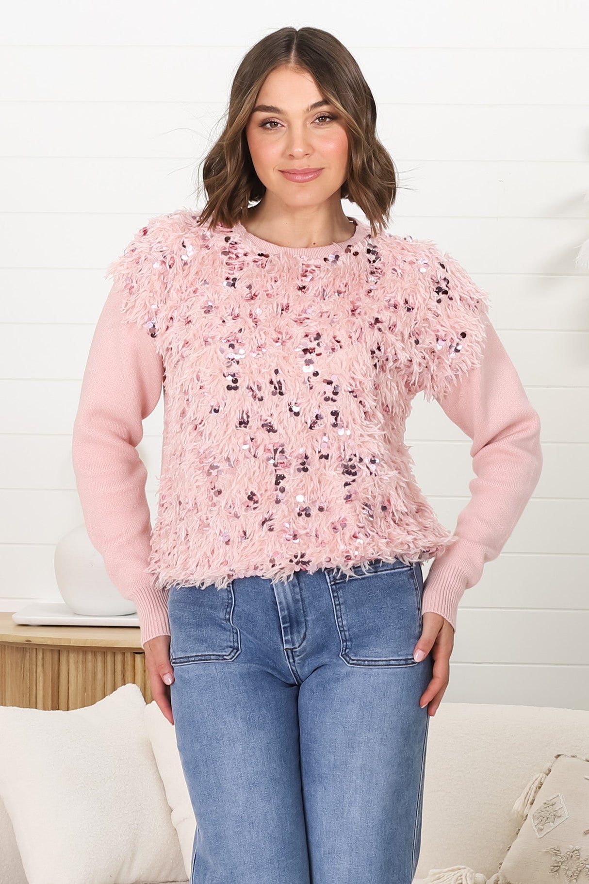 Pixie Jumper - Fluffy Sequin Decal Jumper in Pink