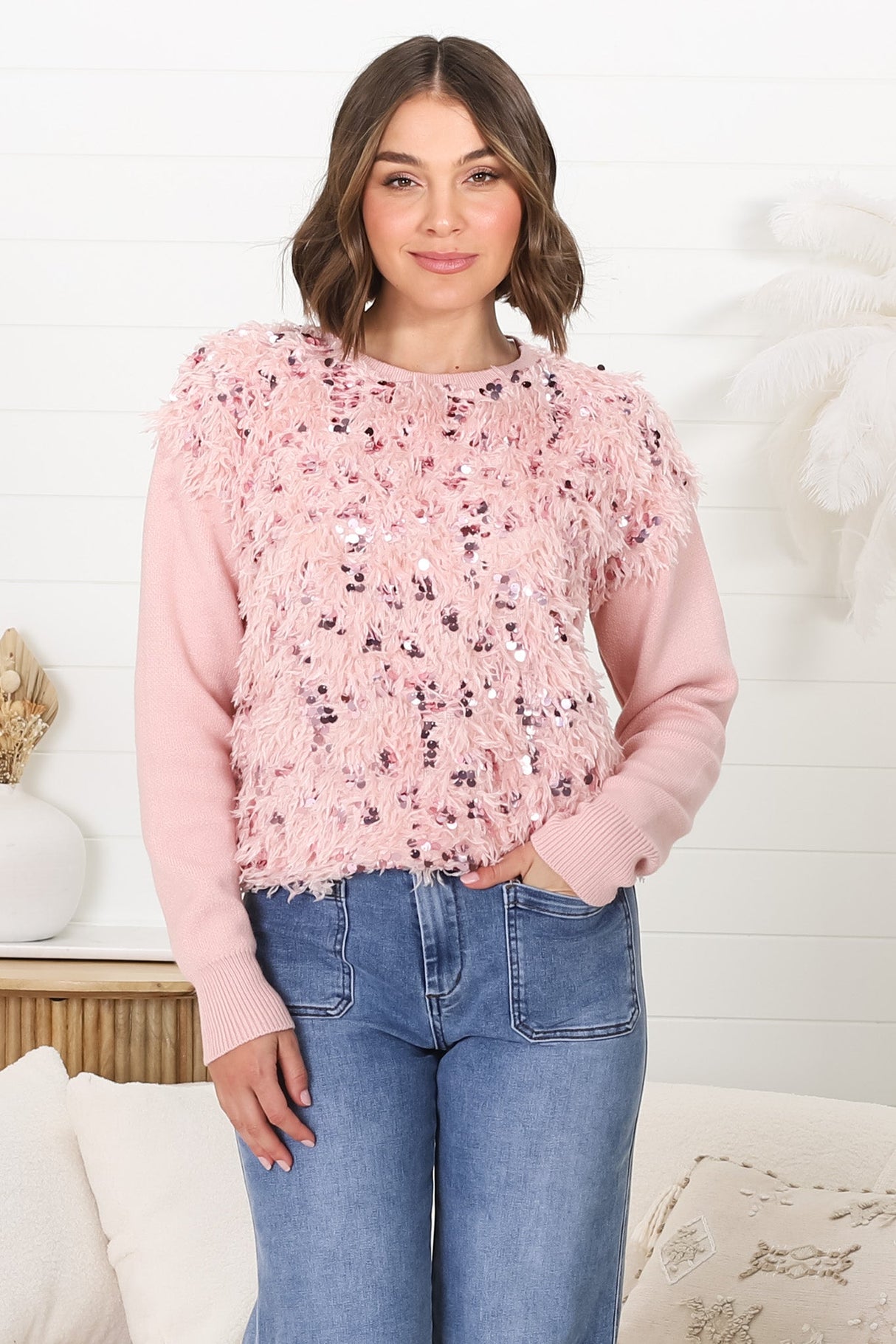 Pixie Jumper - Fluffy Sequin Decal Jumper in Pink