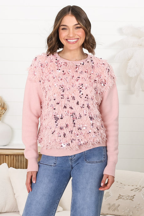 Pixie Jumper - Fluffy Sequin Decal Jumper in Pink