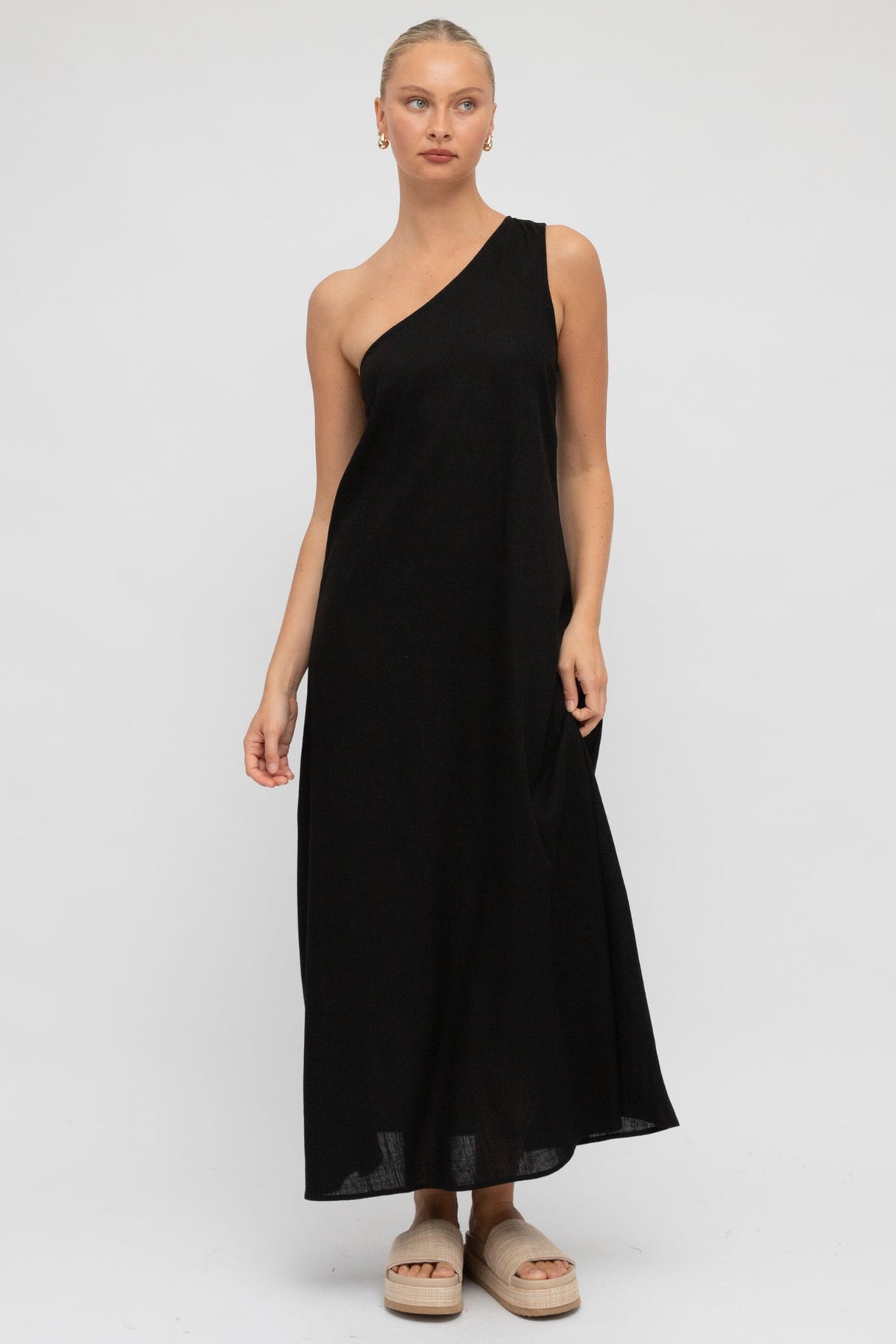 Polly Maxi Dress - One Shoulder Sun Dress in Black