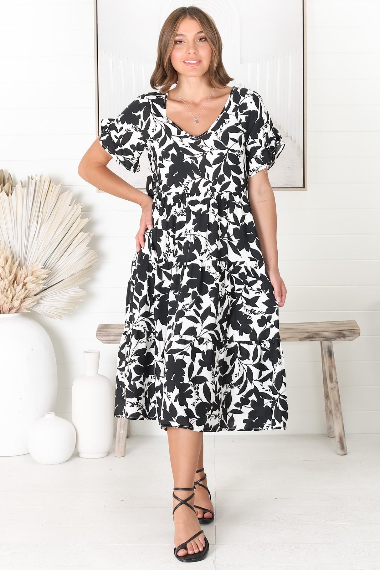 Polly Midi Dress - Pull Over Soft V Neck Tiered Dress in Black