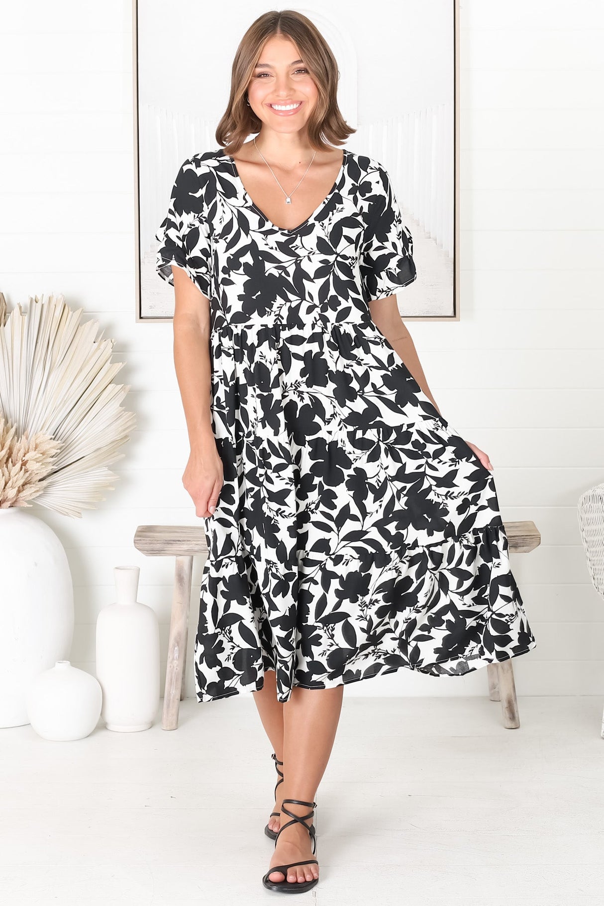 Polly Midi Dress - Pull Over Soft V Neck Tiered Dress in Black