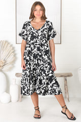 Polly Midi Dress - Pull Over Soft V Neck Tiered Dress in Black