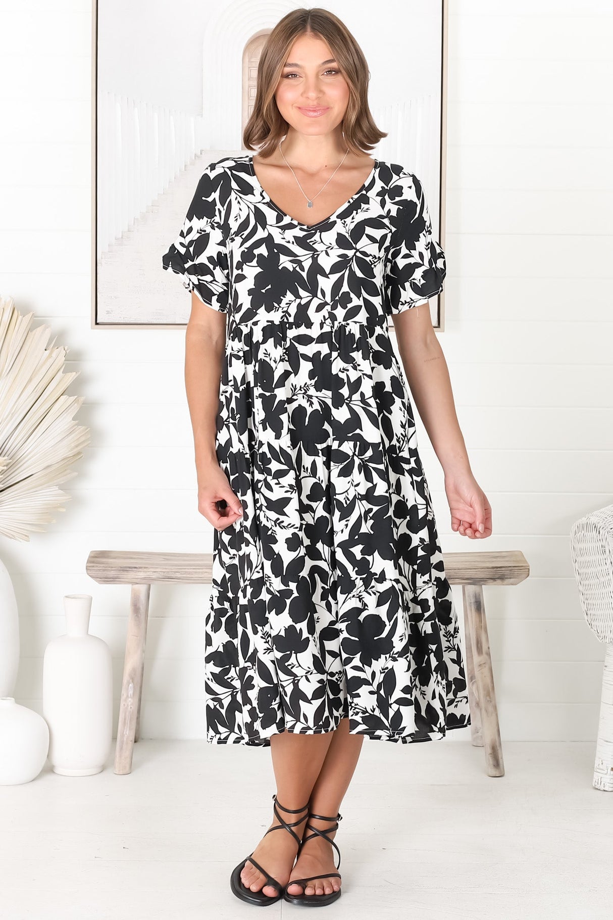 Polly Midi Dress - Pull Over Soft V Neck Tiered Dress in Black