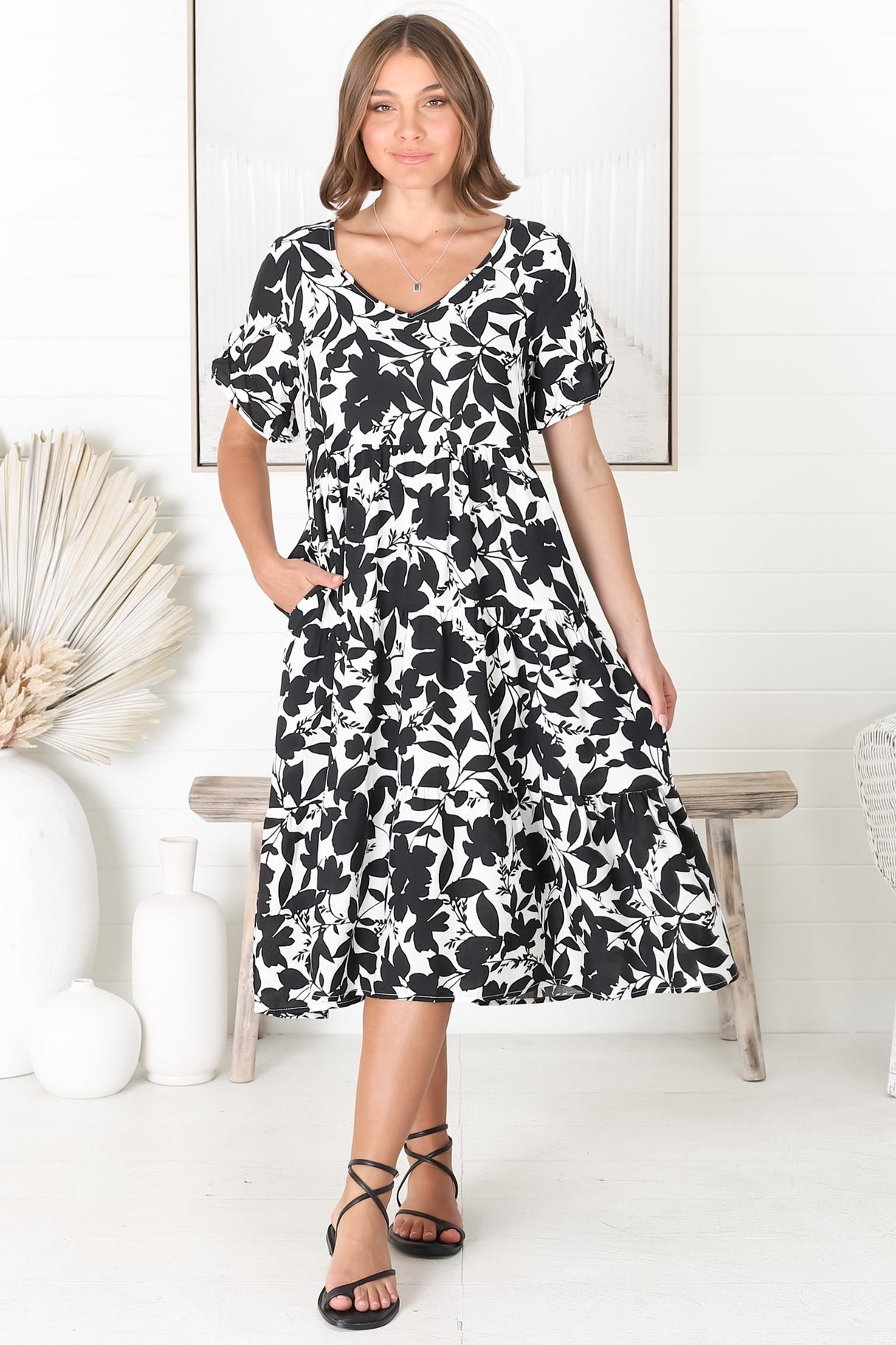 Polly Midi Dress - Pull Over Soft V Neck Tiered Dress in Black