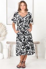 Polly Midi Dress - Pull Over Soft V Neck Tiered Dress in Black