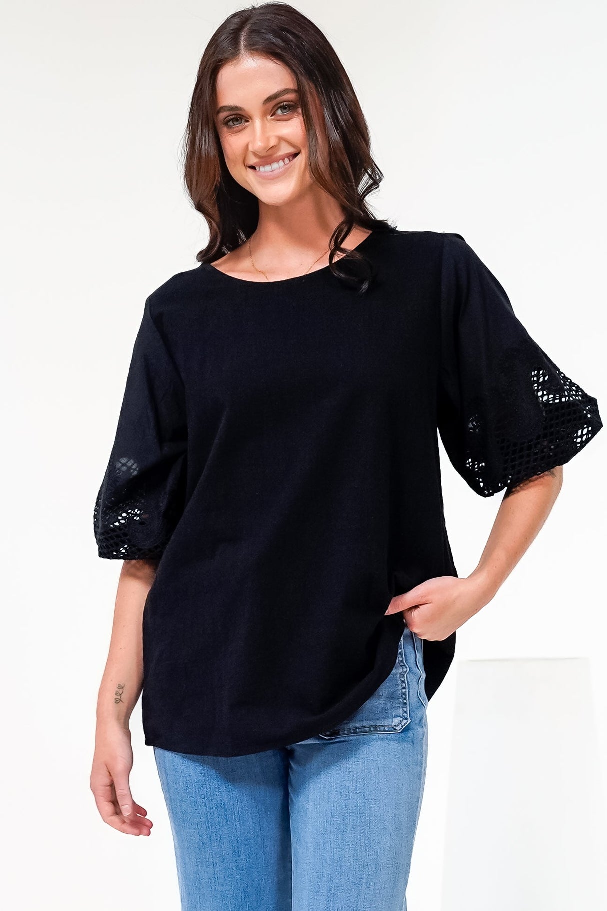 Polly Top - Round Neck Relaxed Top with Cut Out Detailed Balloon Sleeves in Black