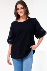 Polly Top - Round Neck Relaxed Top with Cut Out Detailed Balloon Sleeves in Black