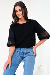 Polly Top - Round Neck Relaxed Top with Cut Out Detailed Balloon Sleeves in Black