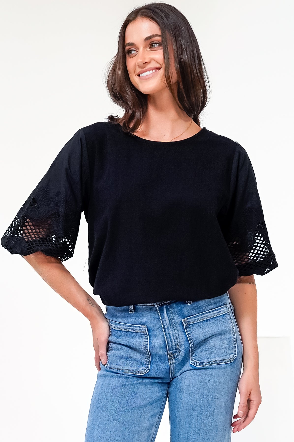 Polly Top - Round Neck Relaxed Top with Cut Out Detailed Balloon Sleeves in Black
