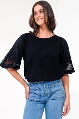 Polly Top - Round Neck Relaxed Top with Cut Out Detailed Balloon Sleeves in Black
