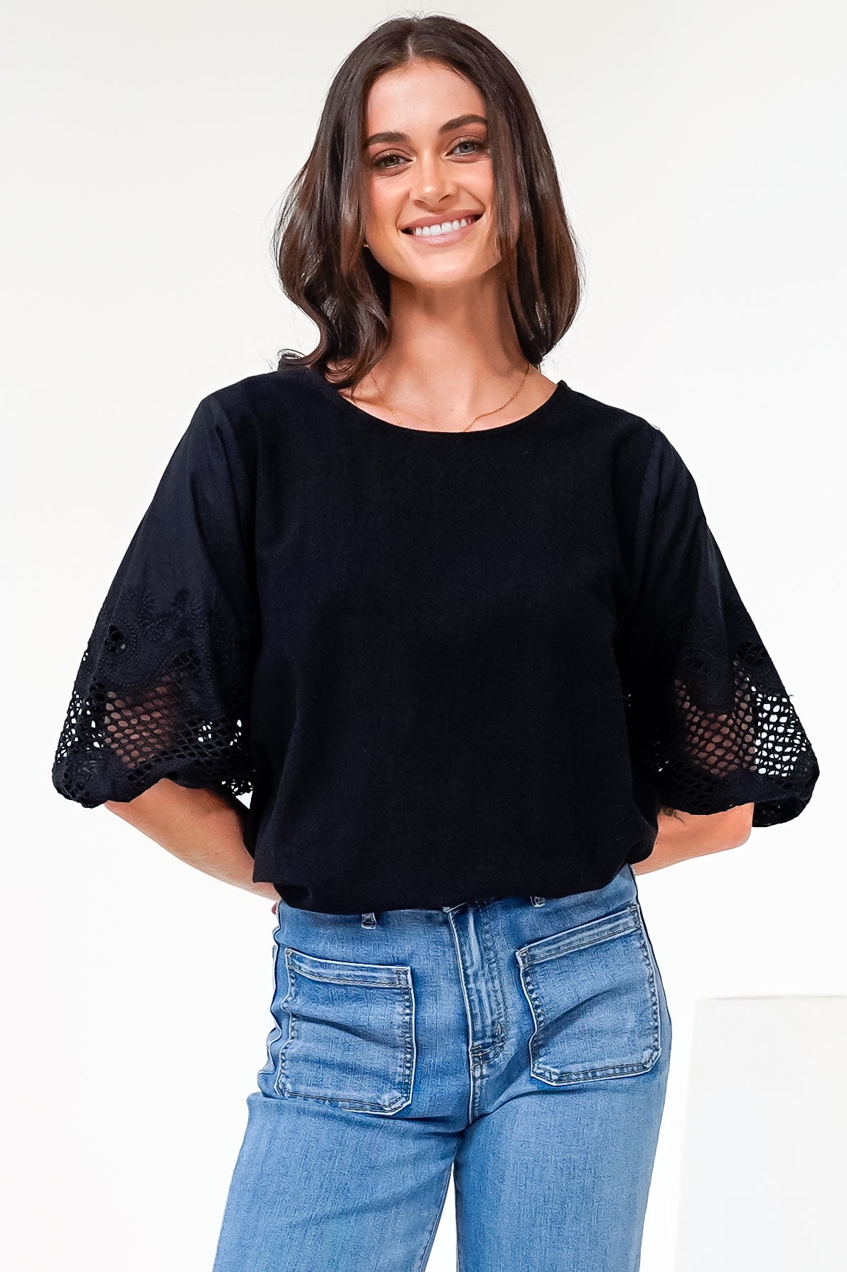 Polly Top - Round Neck Relaxed Top with Cut Out Detailed Balloon Sleeves in Black