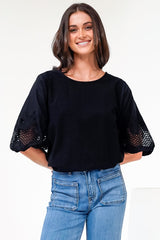 Polly Top - Round Neck Relaxed Top with Cut Out Detailed Balloon Sleeves in Black