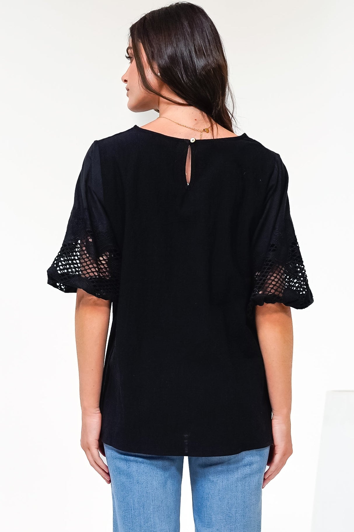 Polly Top - Round Neck Relaxed Top with Cut Out Detailed Balloon Sleeves in Black