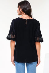 Polly Top - Round Neck Relaxed Top with Cut Out Detailed Balloon Sleeves in Black