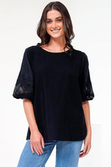 Polly Top - Round Neck Relaxed Top with Cut Out Detailed Balloon Sleeves in Black