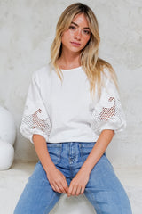 Polly Top - Round Neck Relaxed Top with Cut Out Detailed Balloon Sleeves in White
