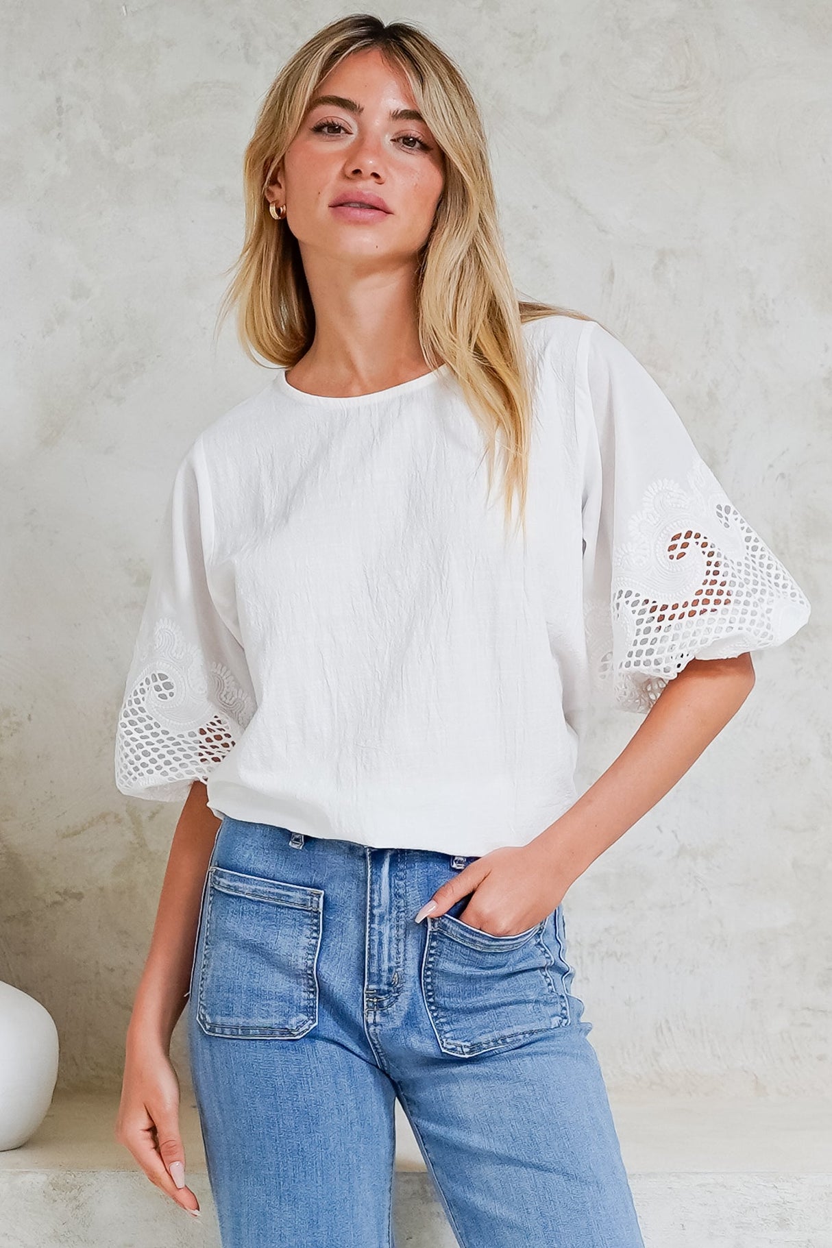 Polly Top - Round Neck Relaxed Top with Cut Out Detailed Balloon Sleeves in White