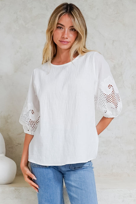 Polly Top - Round Neck Relaxed Top with Cut Out Detailed Balloon Sleeves in White