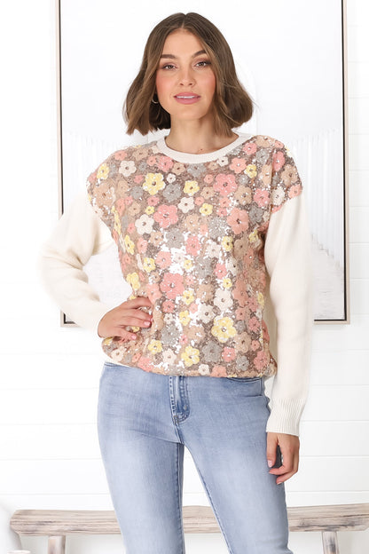 Poppet Jumper - Sequin Flower Decal Jumper in Cream