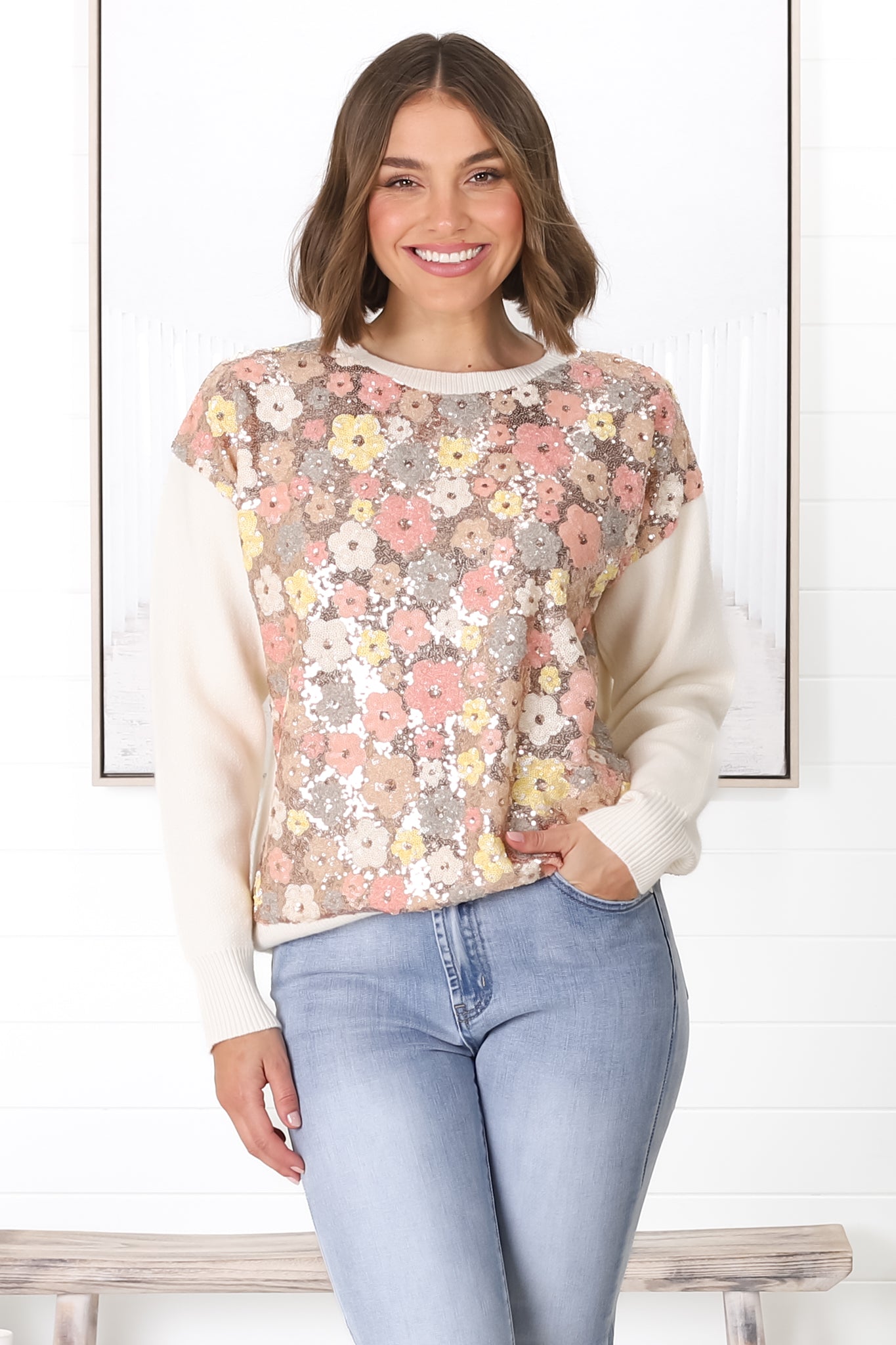 Poppet Jumper - Sequin Flower Decal Jumper in Cream