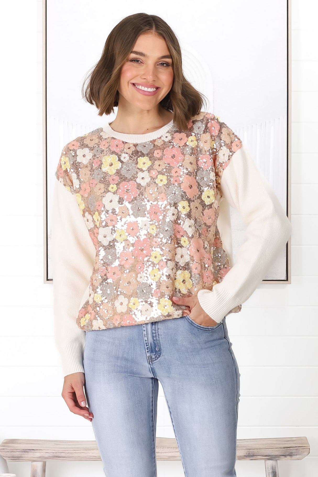 Poppet Jumper - Sequin Flower Decal Jumper in Cream