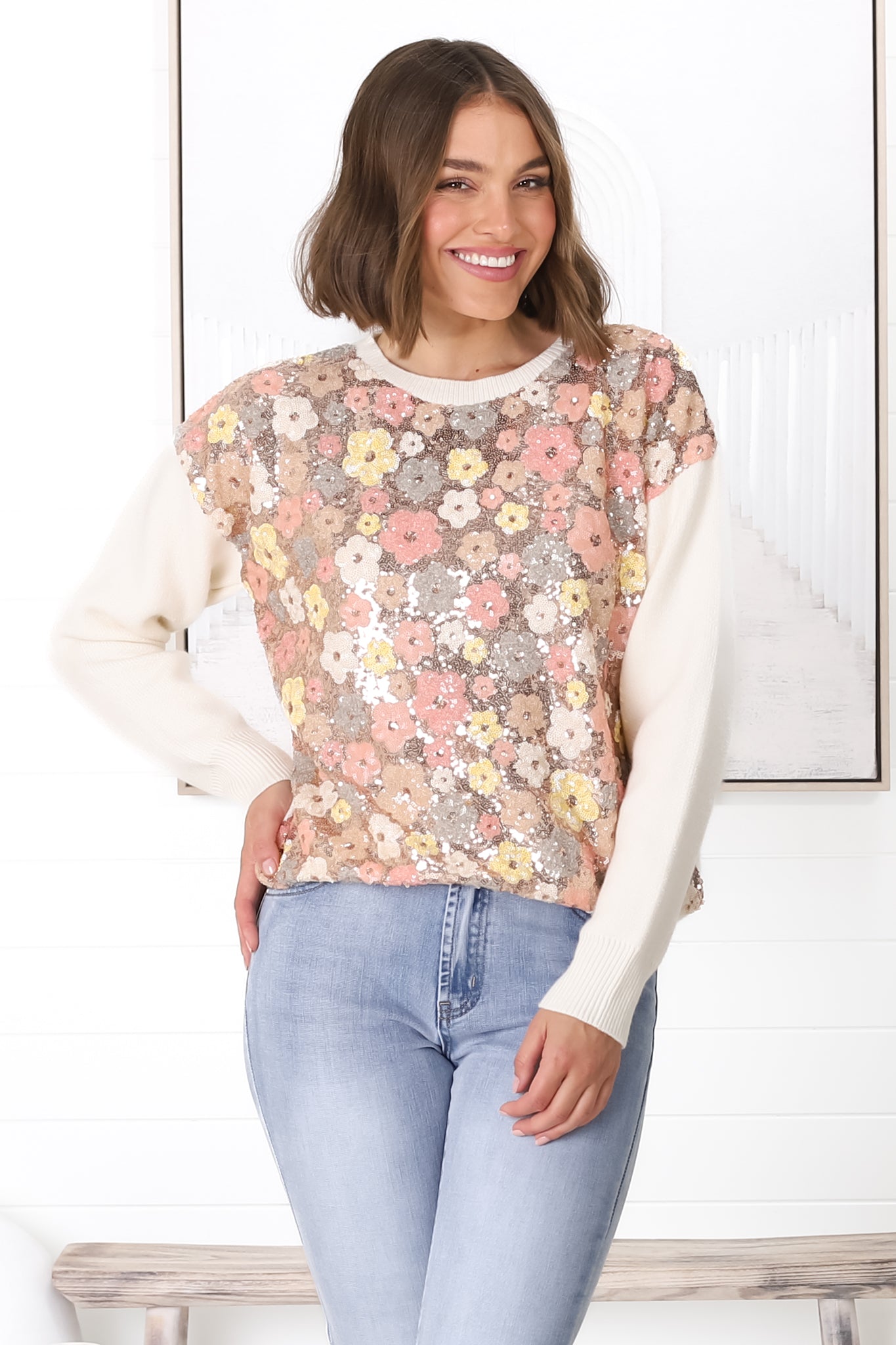 Poppet Jumper - Sequin Flower Decal Jumper in Cream