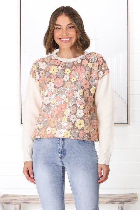 Poppet Jumper - Sequin Flower Decal Jumper in Cream