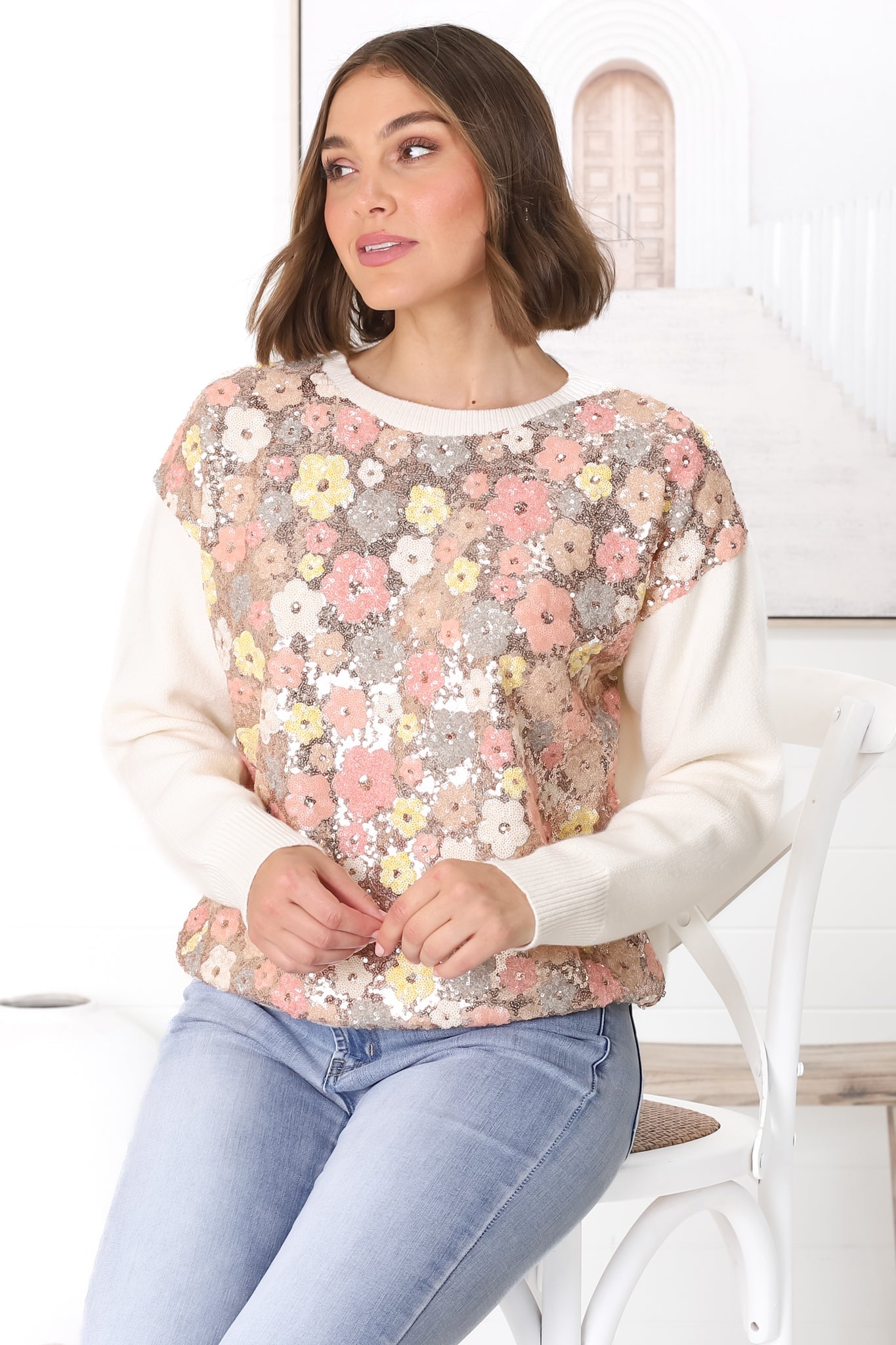 Poppet Jumper - Sequin Flower Decal Jumper in Cream