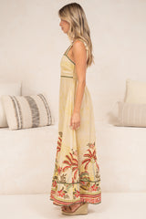 Poppy Maxi Dress - Thick Strap A-Line Sun Dress with Ric Rac Trims in Palmina Print