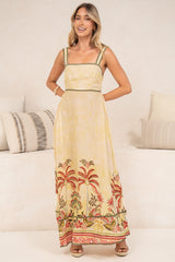 Poppy Maxi Dress - Thick Strap A-Line Sun Dress with Ric Rac Trims in Palmina Print