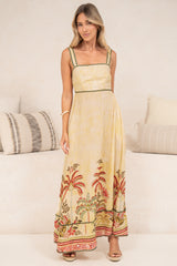 Poppy Maxi Dress - Thick Strap A-Line Sun Dress with Ric Rac Trims in Palmina Print