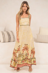 Poppy Maxi Dress - Thick Strap A-Line Sun Dress with Ric Rac Trims in Palmina Print