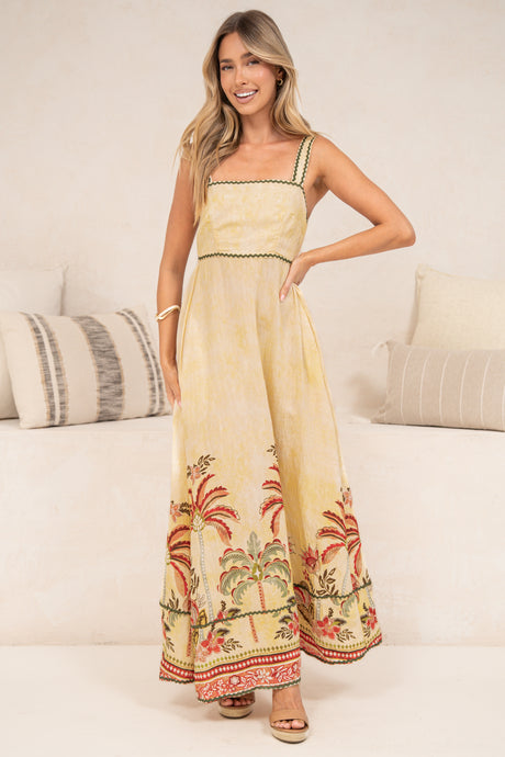 Poppy Maxi Dress - Thick Strap A-Line Sun Dress with Ric Rac Trims in Palmina Print